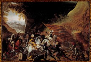 Jindřich IV. (1589-1610) nakládající v čele své jízdy. Anonymní francouzské malířství 17. století. Olej na dřevě. Rozměr: 0,35 x 0,52 m. Pau, Musee du Chateau od French School