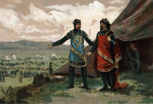 Jindřich I., francouzský král (1008-1060) přijal vévodu z Normandie Roberta Ďábla (také známého jako Le Magnifique) a poskytl mu armádu, aby znovu získal své království. Chromolitografie kolem roku 1890. od French School