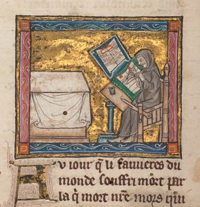 Erakko kirjoituspöydän ääressä, pienoismalli "Estoire del Saint Graal, La Queste del Saint Graal, Morte Artu", n.1315-25 (muste pergamentille) od French School