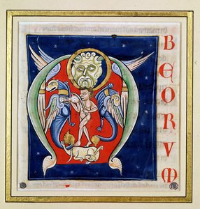 Historická iniciála „M“ zobrazující muže hrajícího na rebecu a fantastická zvířata z Bible Saint-Andre aux-Bois od French School