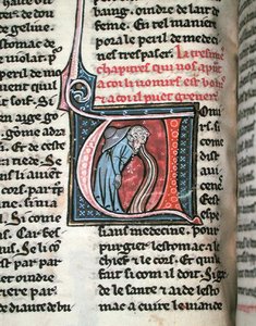 Historická iniciála zobrazující muže zvracejícího (vellum) od French School