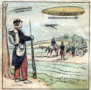 Historie hliníku. Konstrukce leteckých dílů a leteckých balónů z hliníku, jejichž nízká hmotnost umožňuje snazší let. Epinal imaging, konec 19. století. Privee Collection. od French School