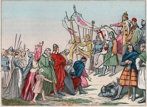 Historie Galie ve středověku: Germánští Sasové klečící před králem Karlem Velikým (742 - 814), vítězem válek - Rytina z konce 19. století v „“Naše národní slávy – Obrazy a recitace““ od French School