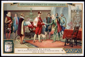 Historie skla: Jindřich III. (1551-1589) Francouzský král předává šlechtické listy mistrům sklenářů z Benátek. Liebigská chromolitografie z konce 19. století. od French School