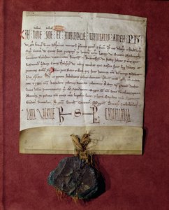 Pocta králi Filipovi II. (1165-1223) od Simona de Montfort (asi 1160-1218) za území zabavená Raymondovi VI. (1197-1249) kolem roku 1216 od French School
