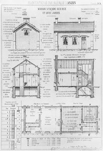 Domy pro dělníky v Anzinu, deska 9 z Les habitations ouvrieres en tous pays, situace v roce 1878, Avenir Emile Muller a Emile Cacheux, Paříž, vydáno 1879 od French School