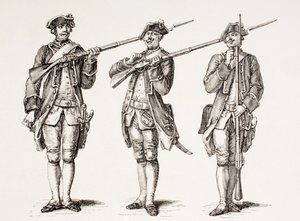 Jak nabíjet mušketu, z francouzské instruktážní knihy z roku 1776, z „XVIII Siecle Institutions, Usages et Costumes“, vydané v roce 1875 od French School