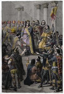 Hugh Capet zvolen králem - korunovace Hugues Capet (asi 941-996), králem Francie, 3. července 987 v Noyonu, Adalberonem (asi 925-990), archeveque z Remeše. od French School