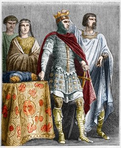 Hugues Veliký (897-956) korunuje Raoula nebo Rodolpha Burgundského (asi 890 - 936), vévodu burgundského a krále Francie. Rytina v „“ Histoire De France En Cent Paintings od Paula Lehugeura „“ 1891 od French School