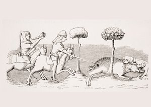 Lov divočáků se psy, reprodukce miniatury z rukopisu "Livre de Roy du Modus" ze 14. století, autor Henri de Ferrieres, z knihy "Le Moyen Age et La Renaissance" od Paula Lacroixe (1806-84), vydané 1847 (litografie). od French School