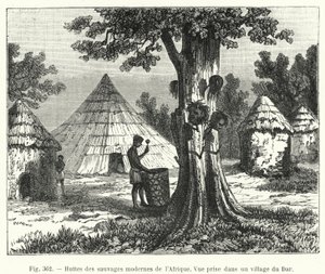 Chatrče moderních divochů Afriky (rytina) od French School
