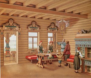 Idealizovaný interiér ruské izby, asi 1880 (barevná rytina) od French School