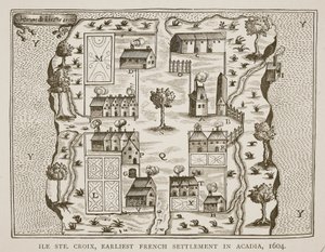 Ile Ste. Croix, nejstarší francouzská osada v Acadii, 1604, z Voyages od Samuela de Champlain (c.1580-1635), 1613 od French School