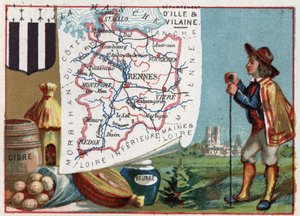 Ille-et-Vilaine (Ille et Vilaine, 35), Bretaň, Francie. Cider a máslo. Seriál o francouzských departementech. Chromolitografie (Chromo) „“geografické vlákno“, kolem roku 1920. Soukromá sbírka. od French School