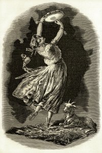 Ilustrace pro „Notre-Dame de Paris“ od Victora Huga: Esmeralda tančí při hraní na tamburínu vedle své kozy, začátek 20. století (litho) od French School