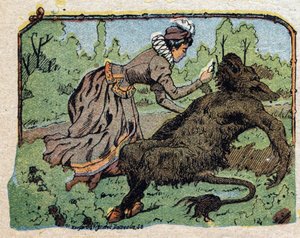Ilustrace k pohádce „Kráska a Bete“: kráska oživila bete, která omdlela bolestí, když odmítla navrhnout sňatek. Rytina snímků Quinn, circa 1890. od French School