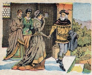 Ilustrace k pohádce „La Belle et la Bete““: obchodník odjíždějící na výlet se rozloučil se svými třemi dcerami a po návratu jim slíbil dárek. Rytina snímků Quinn, circa 1890. od French School