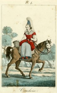 Ilustrace č. 4, kostým Cauchoise (barevná rytina) od French School