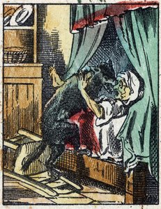 Ilustrace příběhu „Červená karkulka“ od Charlese Perraulta. Dřevoryt od Imaging Pellerin - Epinal, sd. Konec 19. století. od French School