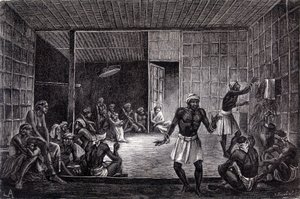 Ilustrace publikovaná ve vydání „Le Tour du monde“ z roku 1862 zobrazující exorcismus praktikovaný dayaky na ostrově Borneo. Rytina. od French School