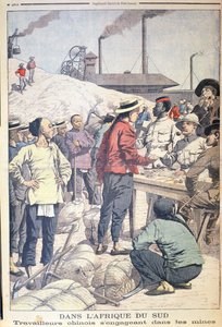 Dovoz čínských dělníků na práci ve zlatých dolech v Jižní Africe v roce 1904, ilustrace z Le Petit Journal, 1904