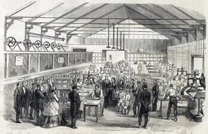 Impress Eugenie a Imperial Prince návštěva Banque de France, 23. června 1866 - tisk bankovek - rytina v Le MONDE Illustrous DU 7.7.1866 od French School