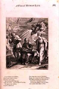 In Attendance of Death, ilustrace z básně „Pohled na lidský život“, z „Doctrine of Morality“ od Marina Le Roy de Gomberville (1600-74), rytina Dareta (rytina) od French School