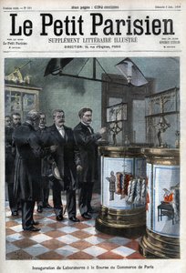 Slavnostní otevření laboratoří na obchodní burze: Pan Masson, prezident Obchodní komory v Paříži, představuje Millerandovi ministrovi obchodu nové prostory pro stav štětin a vln a laboratoř pro testování papíru. (Vážit od French School