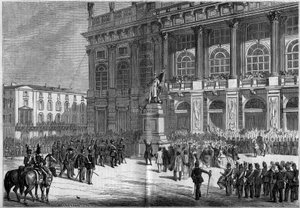 Inaugurace sardinského pomníku Vincenzem Velou (1820-1891) na Zámeckém náměstí v Turíně (Itálie) dne 10. dubna 1859. Za sochou je „Palazzo Madama“. Na základě náčrtů pana Ferryho. Rytina v „“ Le Monde Illustré““ č. 106 ze dne 23. dubna 18 od French School