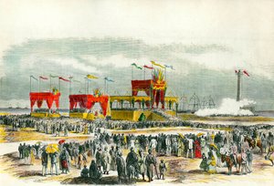 Inaugurace Suezského průplavu v Egyptě v roce 1869: „Te deum“ zpívá v Port Said. Kanál byl vytvořen, aby spojil Rudé moře se Středozemním mořem. od French School