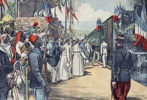 Slavnostní otevření železnice spojující Thies s Kayes do Senegalu, začátek 20. století od French School