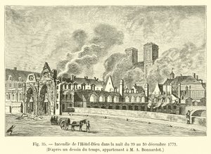 Požár v Hôtel-Dieu v noci z 29. na 30. prosince 1772 podle dobové kresby patřící M A Bonnardotovi od French School