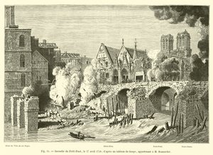 Požár Petit-Pont, 27. dubna 1718; z dobové tabulky, patřící M. Bonnardotovi od French School