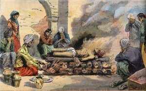Spálení hinduisty v Tunisu, Tunisko, převzato z novin „Le Petit Parisien““ od French School