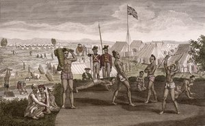 Indiánští válečníci při cvičení s výhledem na tábor English Residents, kolem roku 1810 od French School