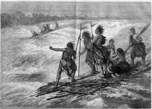 Indiáni z Kanady, stojící na větvích stromů spojených k sobě, sestupují z Long Sault Rapids na řece St. od French School
