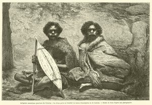 australští domorodci (provincie Victoria); jeden z nich nese štít vyrobený z eukalyptové nebo bankovní kůry (rytina) od French School