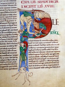 Počáteční P (lettrine): kvasinkový ďábel z pekelných úst. Miniatura z rukopisu "Moralia in Job", Morales sur Job od Saint Gregoire, z opatství citeaux. od French School