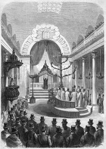 Instalace vrchního rabína odvodu z Bordeaux v městské synagoze v roce 1864. Rytina z náčrtu pana Duffeta. od French School