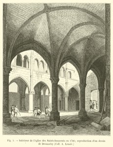 Interiér kostela Saints-Innocents v roce 1786; reprodukce kresby Desmachy, Coll A Lenoir od French School