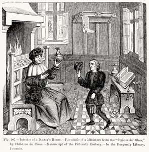 Interiér domu lékařů, z Epistre dOthea od Christine de Pisan, ilustrace z Vědy a literatury ve středověku a renesanci, napsal a vyryl Paul Lacroix, 1878 (gravi od French School