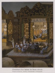 Interiér květinové lodi, čínské výletní lodi (barevná litografie) od French School