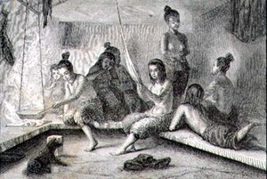 Interiér eskymácké chýše v 60. letech 19. století (rytina) od French School