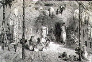 Interiér indiánské chýše v 60. letech 19. století (rytina) od French School