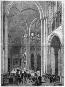 Interiér baziliky Saint Denis (Saint Denis) obnoven podle plánů Eugena Viollet-le-Duc (Viollet le Duc) (1814-1879). Gravírování v „The Illustrous Universe“ od French School