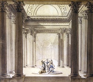 Interiér chrámu ctnosti, cca 1770 (pero a inkoust s akvarelem na papíře) od French School
