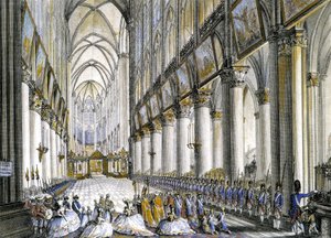 Vnitřní pohled na Notre-Dame de Paris, při příjezdu Marie Antoinetty (1755-1793), francouzské královny, aby se zúčastnila slavné mše za narození jejího syna, budoucího Ludvíka XVII. (1785-1795). Rytina 18. století. od French School