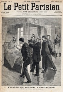 Výslech anarchisty Augusta Vaillanta (1861-1894) v Hotel dieu, který se přiznává k útoku, který spáchal 9. prosince od French School