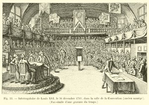Výslech Ludvíka XVI., 26. prosince 1792, v Salle de la Convention, bývalá jízdárna, Faksimile rytiny z doby od French School