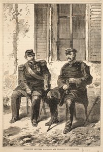 Rozhovor mezi Napoleonem a Bismarckem v Doncherry, ilustrace z Cassells Historie války mezi Francií a Německem, 1870-1871 od French School